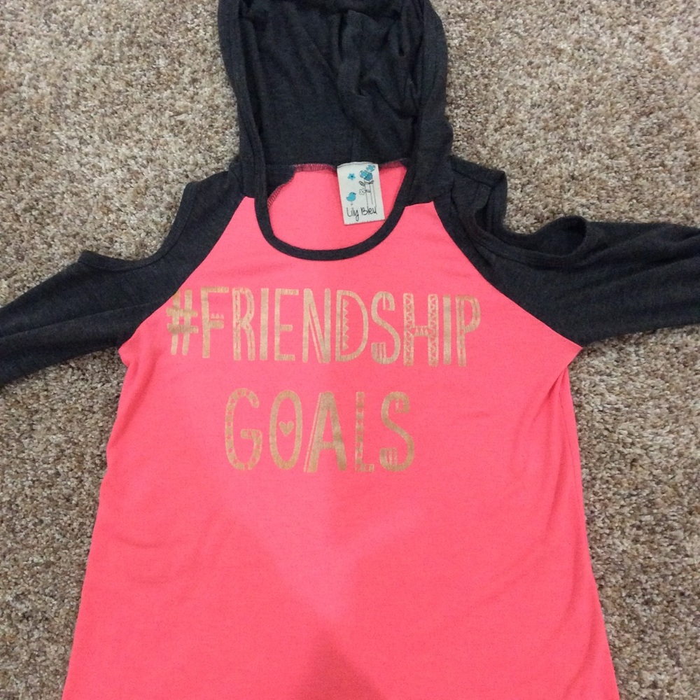 Size 7-8 off the shoulder shirt pink and dark grey